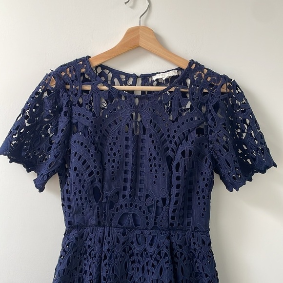 Anthropologie ERI + ALI Lattice Lace Navy Blue Fit N’ Flare Dress shortsleeve XS - Picture 7 of 16